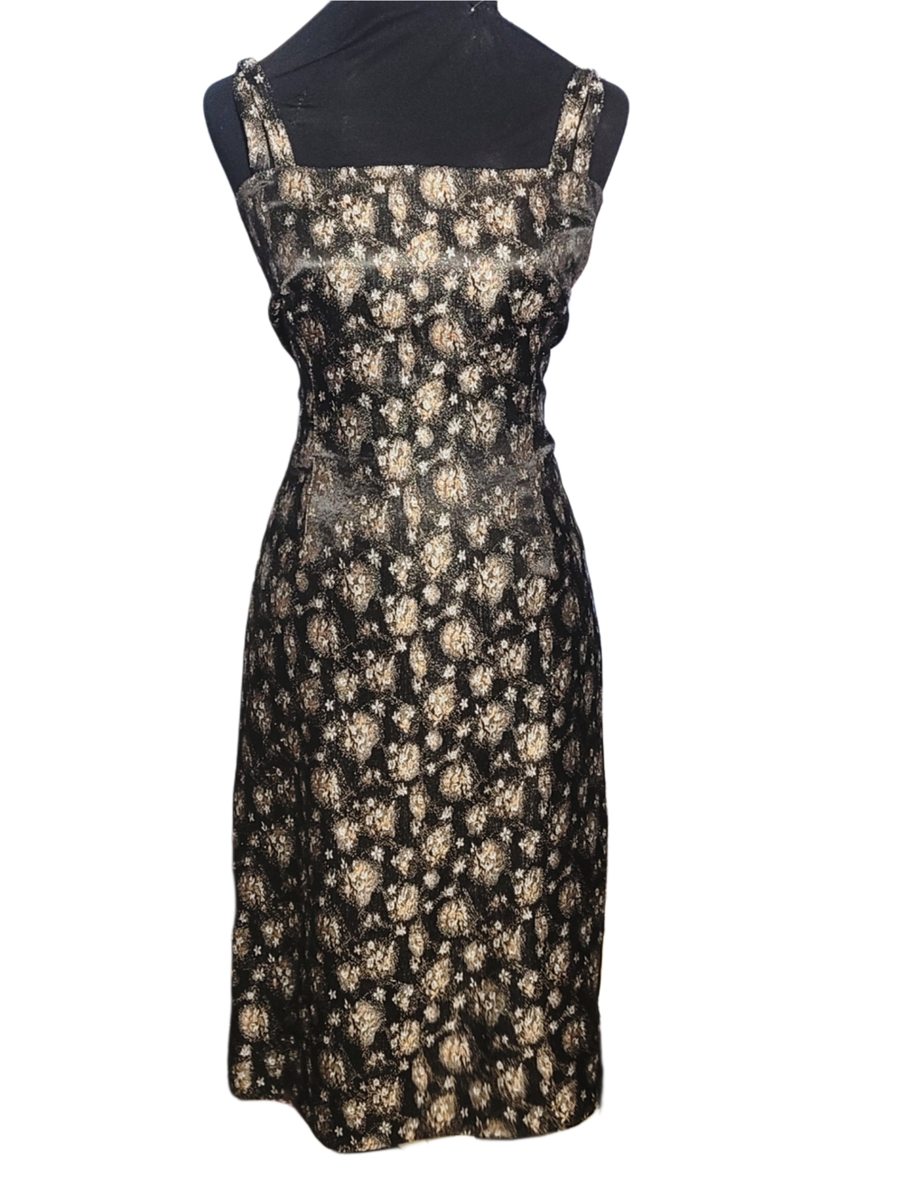 Vintage Black and Gold Metallic Floral Two-Piece Midi Dress Set - Picture 9 of 11
